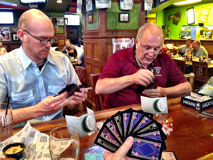 A definite highlight of the con was getting a chance to talk with Mike Fitzgerald at our annual Wednesday hangout at the Tilted Kilt and play Diamonds. Lagoon designer David Chott joined us, and we found out that Diamonds is one of the best trick-taking games of all time. No hyperbole.