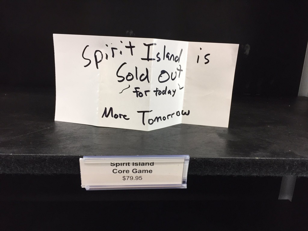 This was the theme of the con, as we had to limit daily sales of Spirit Island. We eventually sold out of it completely, along with Lazer Ryderz, and only had a handful of Fate of the Elder Gods left by the end of the show.